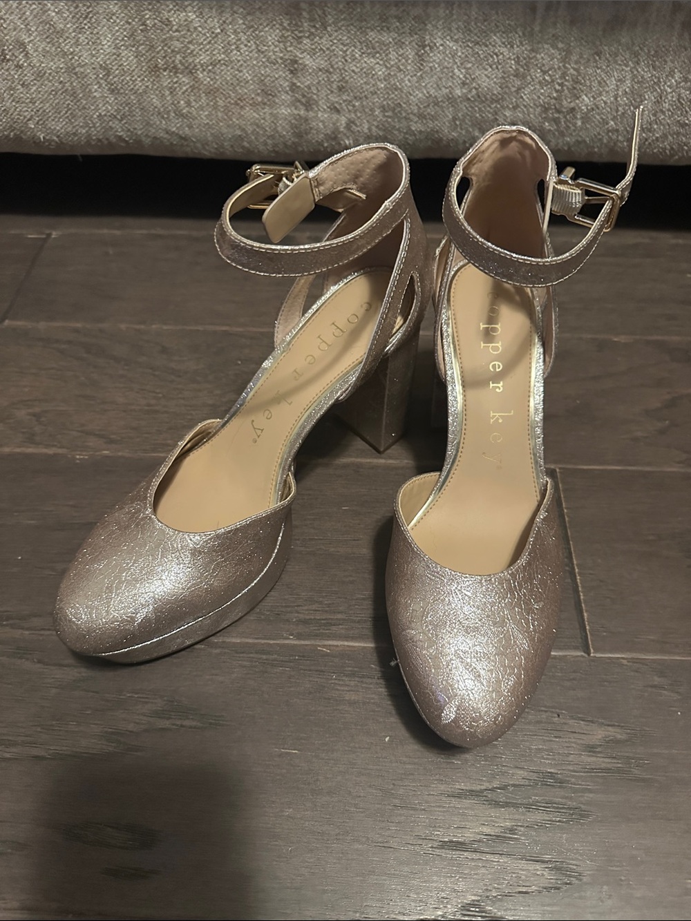Copper Key Metallic champagne Ankle-Strap Block Heels